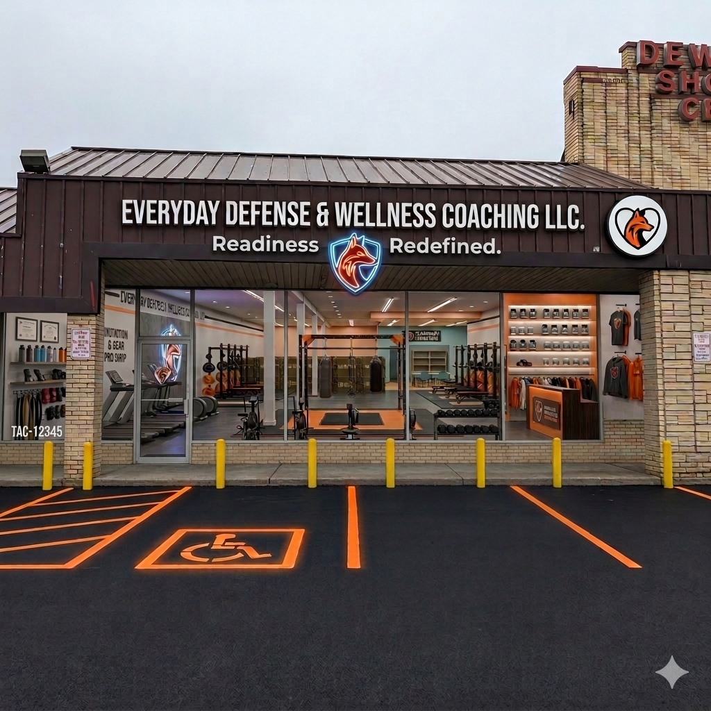 Front view of a gym named 'Everyday Defense & Wellness Coaching LLC' with glass windows showing exercise equipment inside; marked parking spaces and a designated handicap parking spot in the foreground.