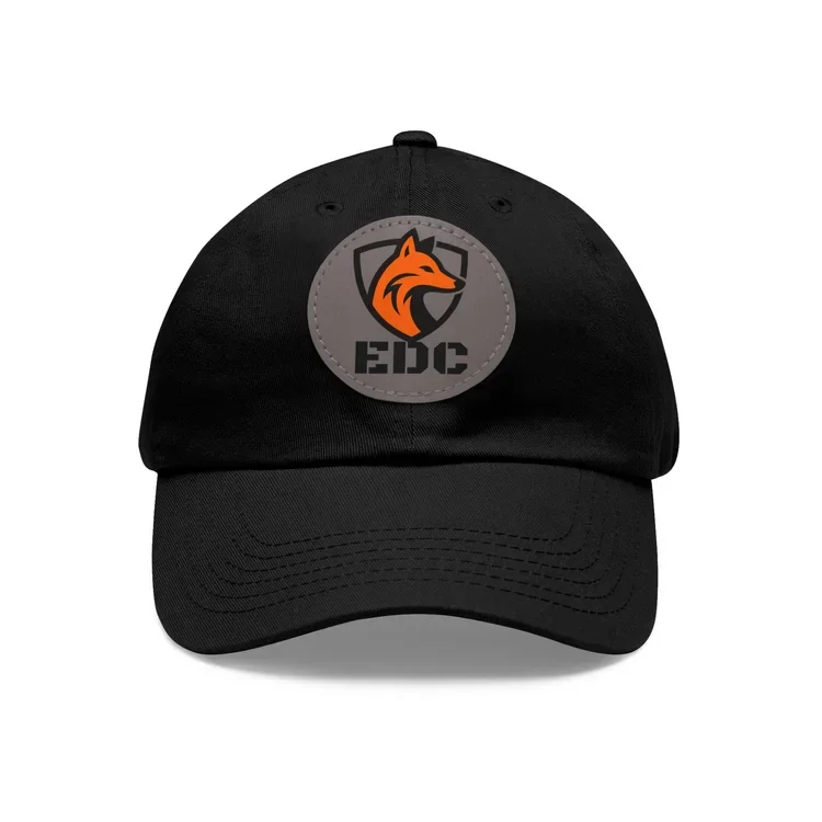 Black baseball cap with orange and gray logo of a fox head and the text 'EDC' on the front