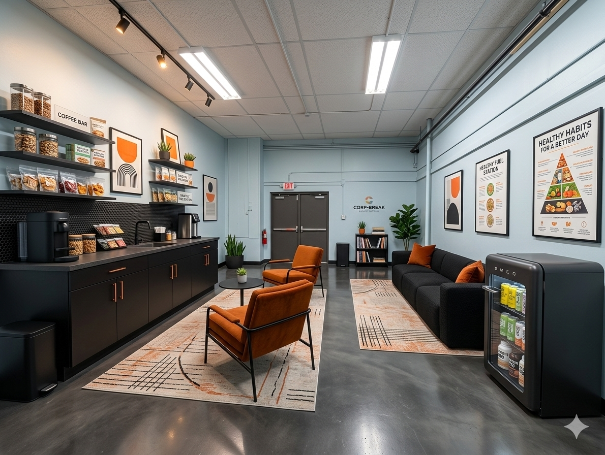 An office lounge area with black and orange furniture, shelves with snacks and drinks, framed art on the walls, plants, a couch, chairs, and vending machines.