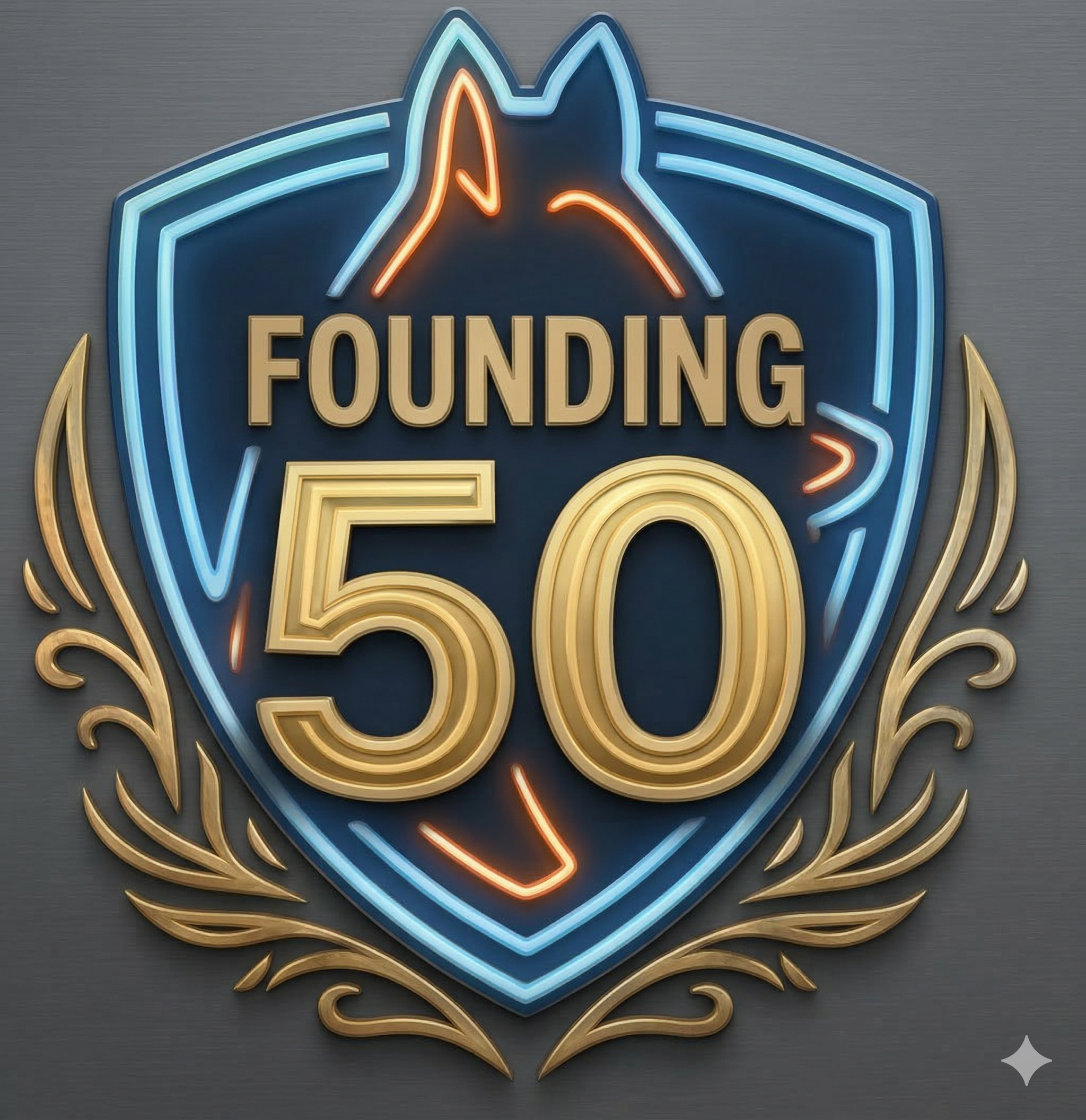 Neon sign celebrating 50 years of founding, with a dog's face outline, shield emblem, and decorative gold accents.