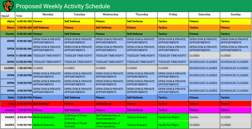 Weekly activity schedule table with color-coded blocks for different times and activities, including fitness, self-defense, self-defense/use of force scenarios, Tactics, and Family Fun Night.