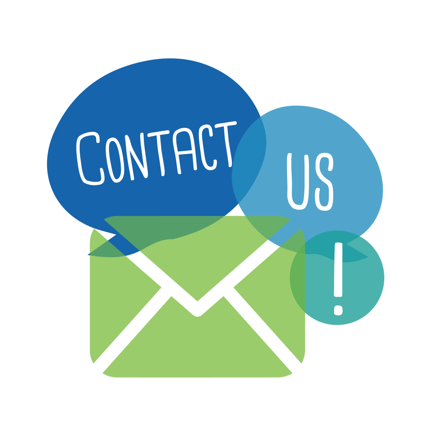 Illustration of an email envelope with overlapping speech bubbles containing the words "Contact Us!" in white text on blue and green backgrounds.