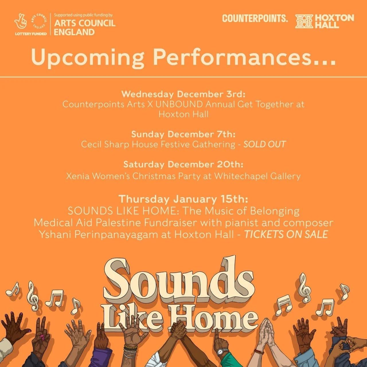 Sounds Like Home choir are looking forward to a festive gig season, with 4 shows coming up over December and January 🎤🌟 Grab your tickets to our Medical Aid Palestine fundraiser now with pianist and composer @_yshani www.soundslikehome.co.uk! Altho