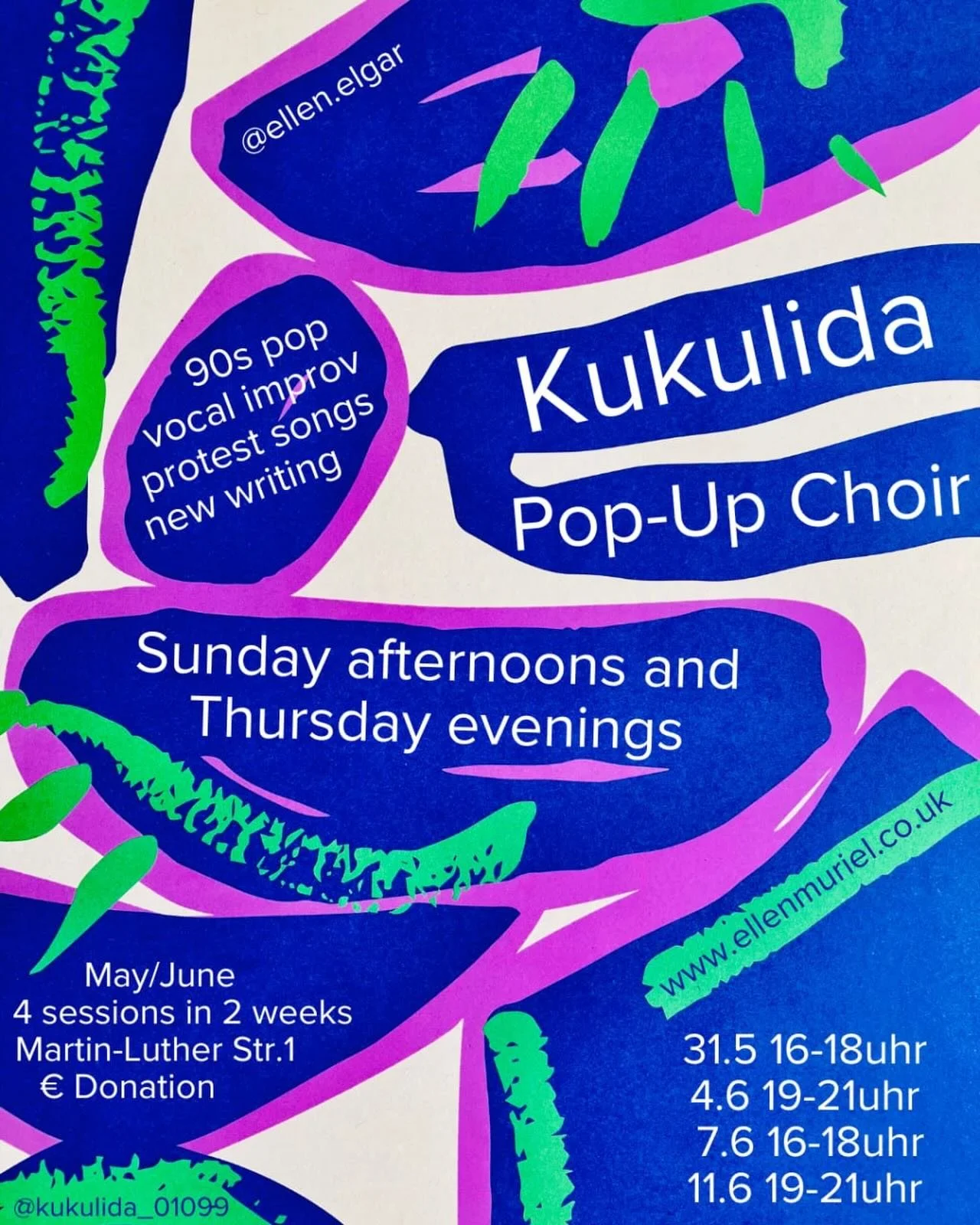 Kukulida Pop-Up Choir: 4 sessions over 2 weeks! Dresden, Germany 🎶 

A workshop series combining vocal improvisation, protest songs, 90s pop classics and new compositions. 

Drop-in, relaxed and open access - meeting for the joy and collective power