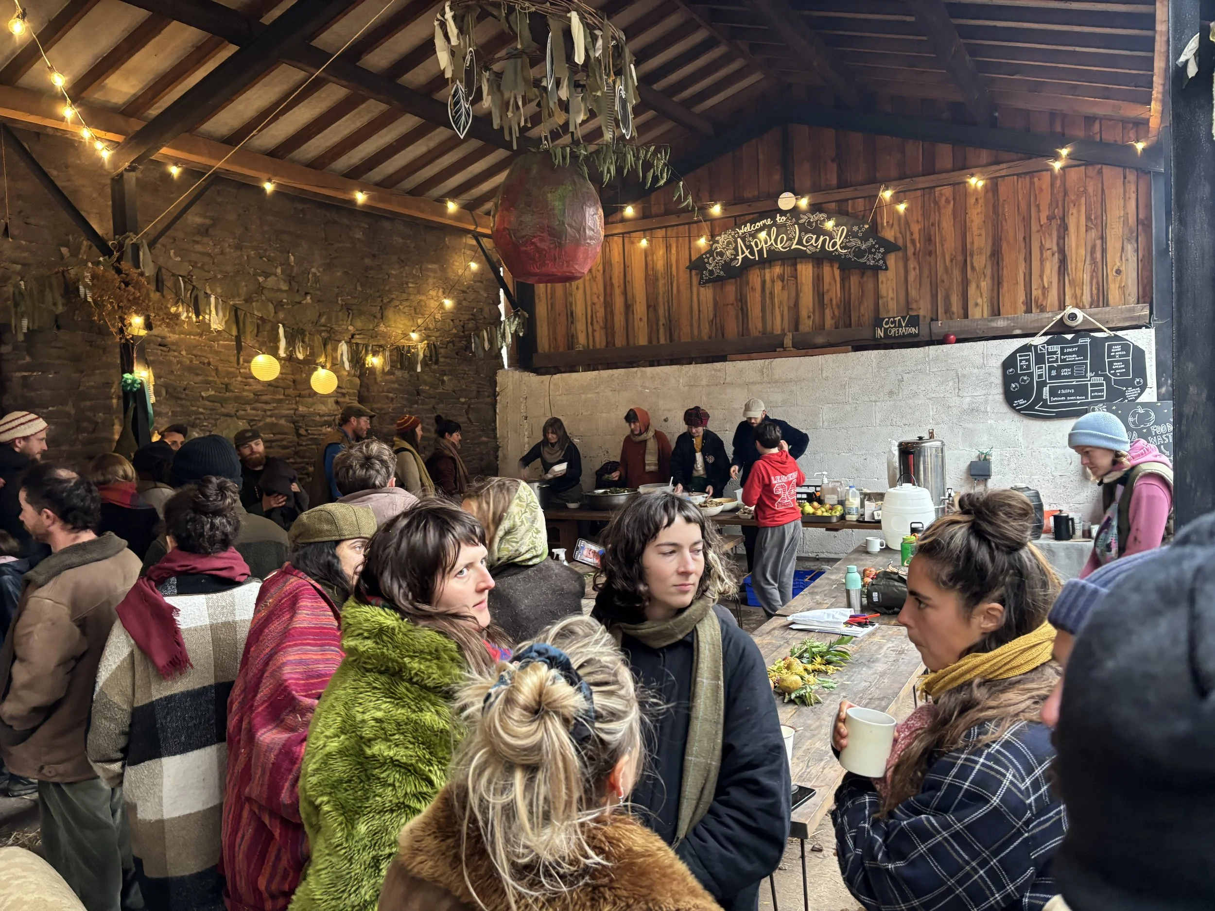 People gathered inside a rustic wooden barn-like space for a communal event or meal, with some standing and some sitting, and a buffet style table in the background with staff serving food. The space is decorated with string lights, hanging ornaments