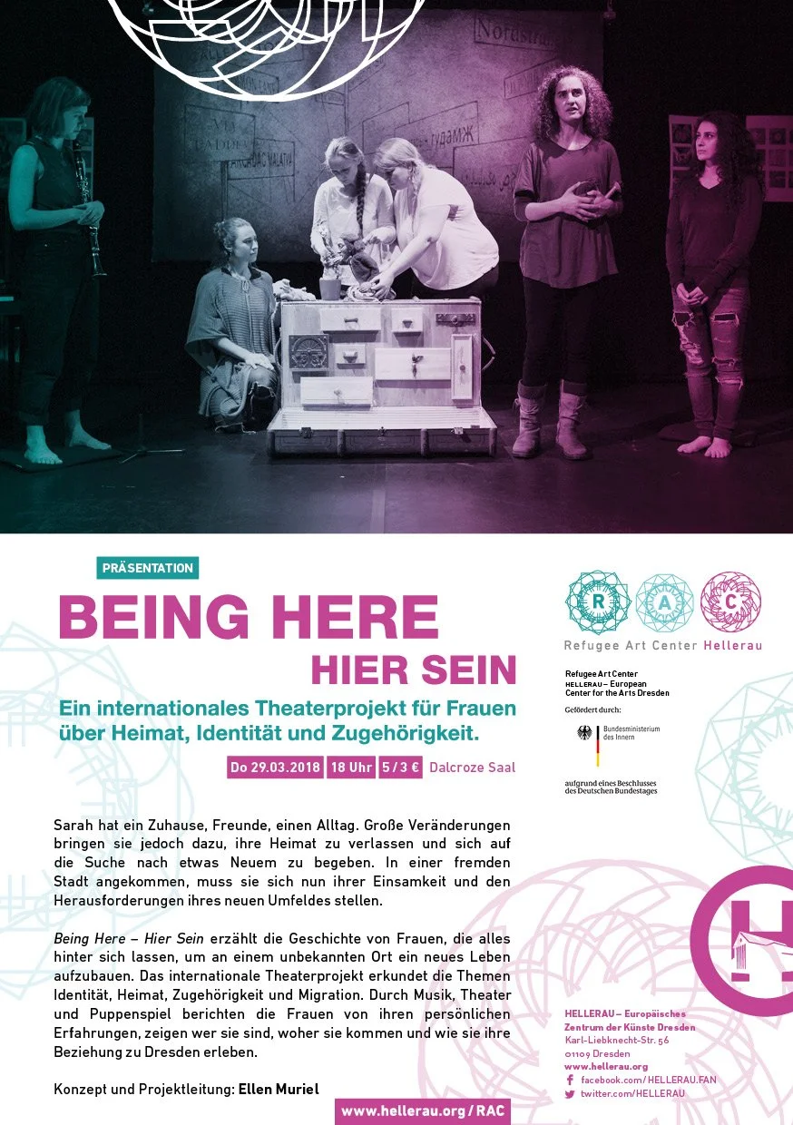 Poster for a theater project titled "Being Here / Hier Sein" depicts women on stage with a puppet show setup, and text in German explaining the event details and purpose.