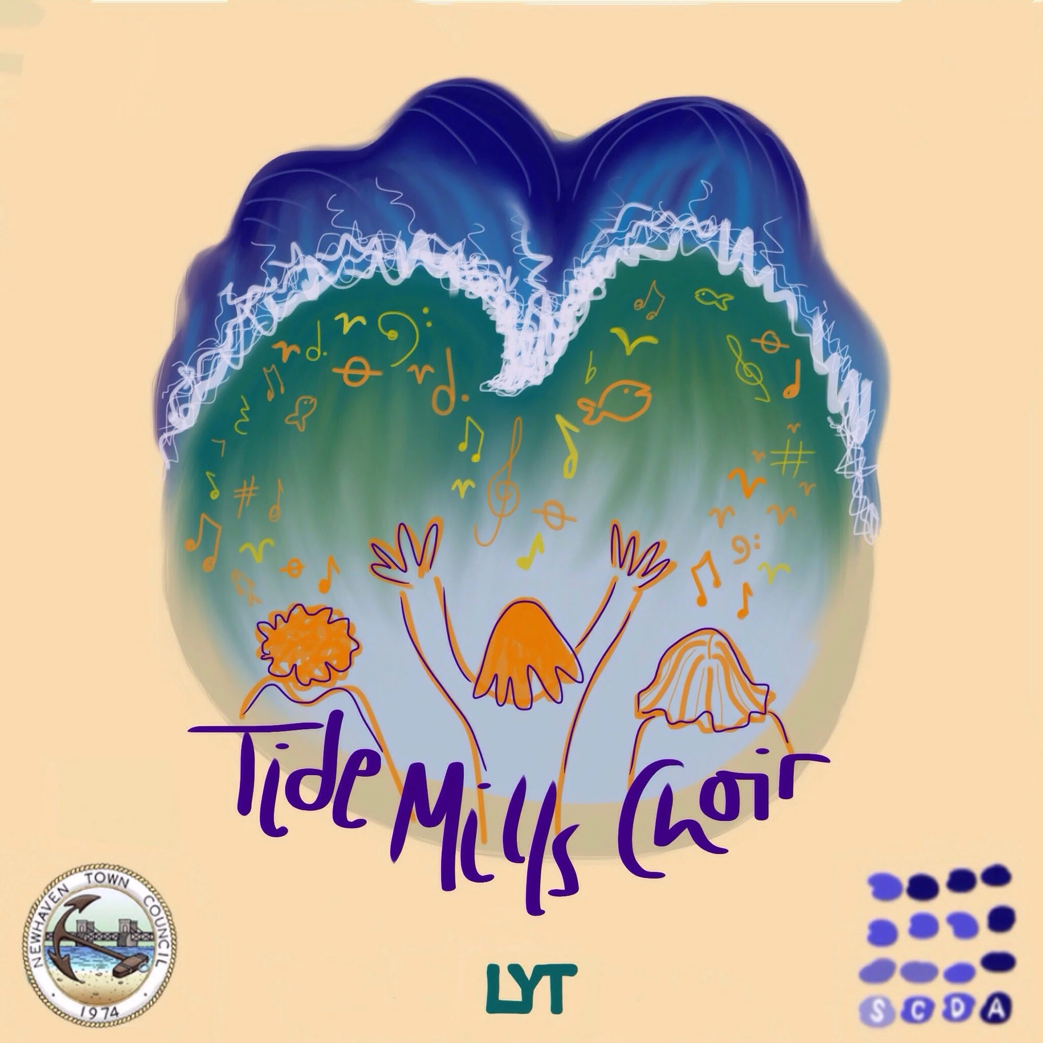 Illustration of three people with their arms raised, musical notes and symbols above them, and the words 'Tide Myths Chair' at the bottom. The background features a large wave with blue and white foam at the top. Logos of Newhaven Town Council and SCDA are in the bottom corners.