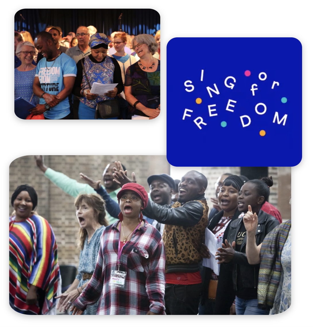 Crowd of diverse people smiling, singing, and celebrating at an event with a logo that reads 'Sing for Freedom'.