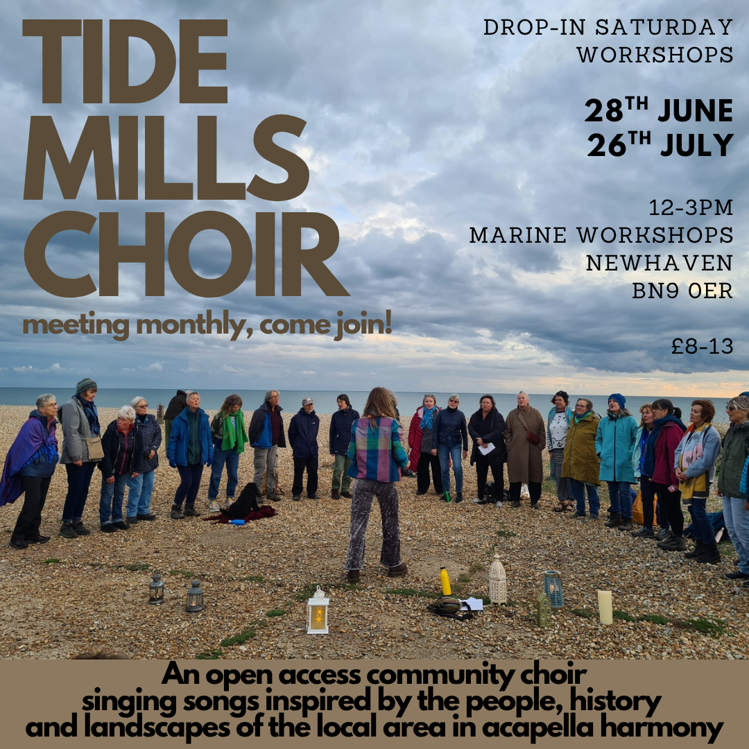 A poster advertising the Tide Mills Choir with details of the event, including dates, times, location, and pricing. The background shows a group of people standing in a semi-circle on a pebble beach, with a cloudy sky and ocean behind them. There are lamps and lanterns placed on the ground in front of the group.