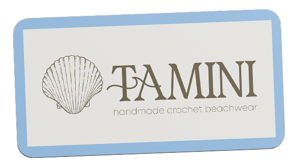Label with a scallop shell logo and text that reads 'TAMINI handmade crochet beachwear'.