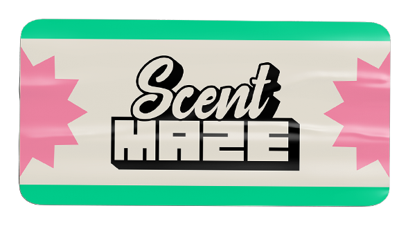 Sticker with the words "Scent Magic" in bold, stylized font, pink starburst designs on either side, and green borders.