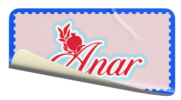 Close-up of Anar scarves logo with pink background, pomegranate graphic, and red and white text.