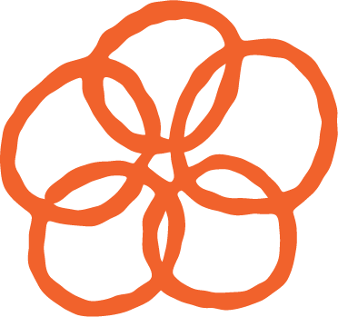 A stylized orange flower composed of five interconnected circular petal shapes.
