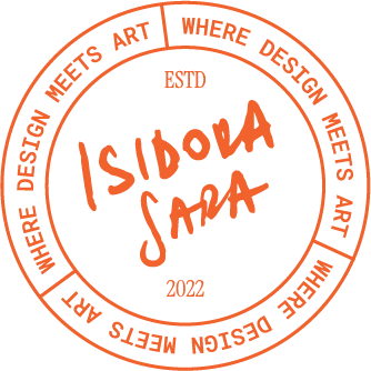 Circular logo with the phrases 'Where Design Meets Art' and 'ESTD 2022' surrounding the text 'Isidora Sara' in the center, all in orange on a black background.