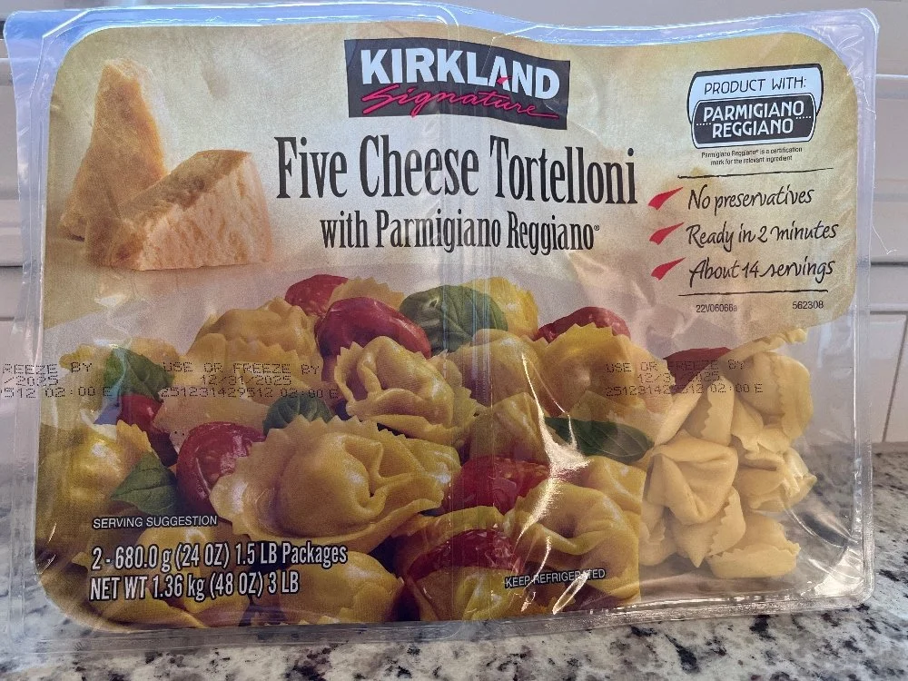Package of Kirkland 5-cheese tortelloni on a granite countertop