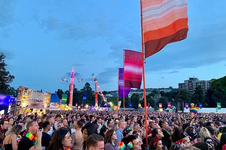 Crowds at Pride on the Park festival in Preston Park during Brighton Pride 2019