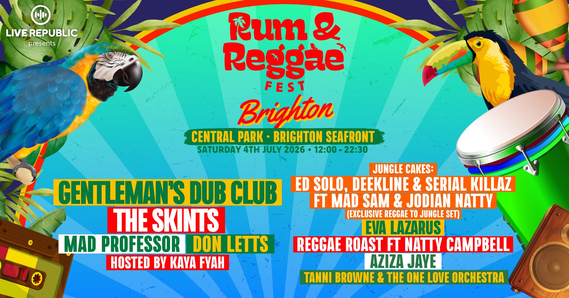 Rum and Reggae Fest Brighton lineup poster for Central Park on Brighton Seafront on 4 July 2026