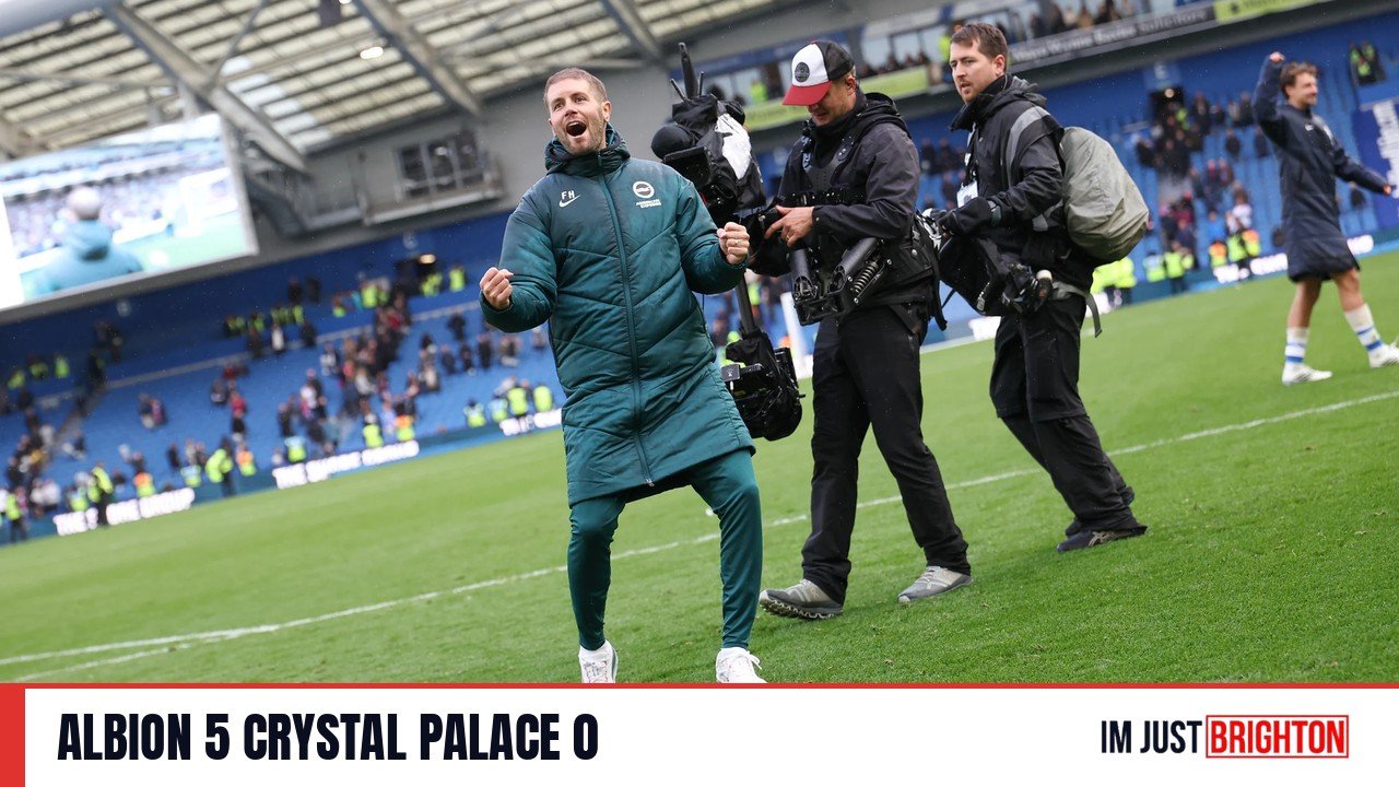 Fabian Hurzeler celebrating with a clenched fist on the pitch after Albion's 5-0 win over Crystal Palace