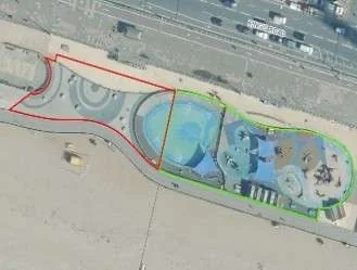 Aerial map showing the Kings Road paddling pool and playground redevelopment site on Brighton seafront