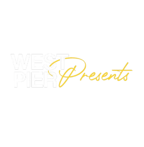 Logo for West Pier Presents with black background, white block text and gold cursive text.
