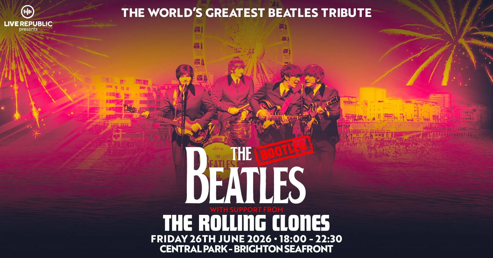 The Bootleg Beatles and The Rolling Clones live show poster for Central Park on Brighton Seafront on Friday 26 June 2026