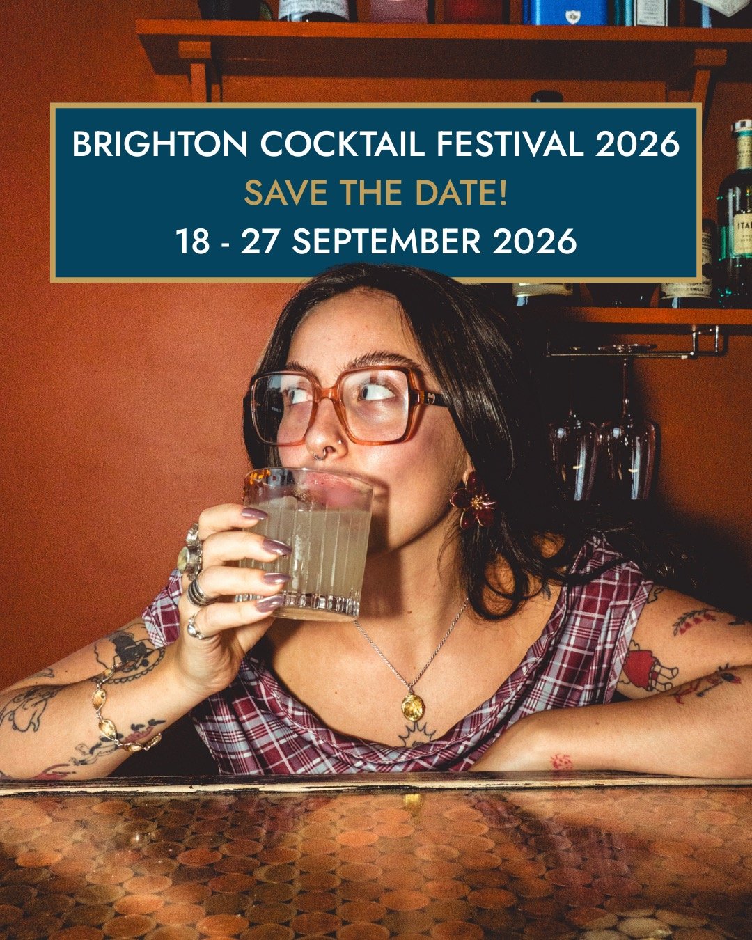 Brighton Cocktail Festival 2026 save the date graphic, a woman drinking a cocktail at a bar with festival dates 18 to 27 September 2026