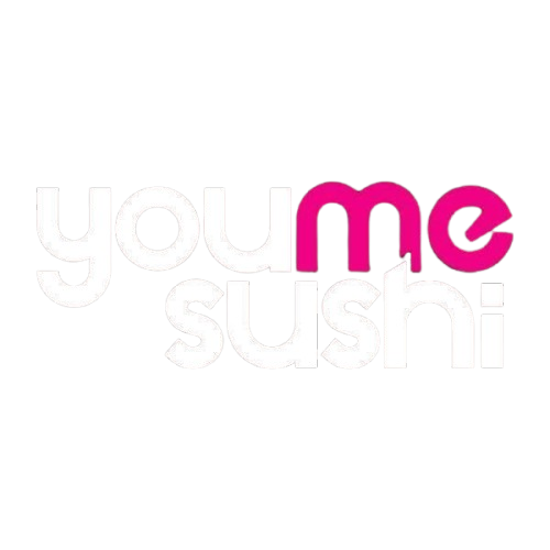 Text graphic with the words "you me sushi" in white and pink 3D letters on a black background.