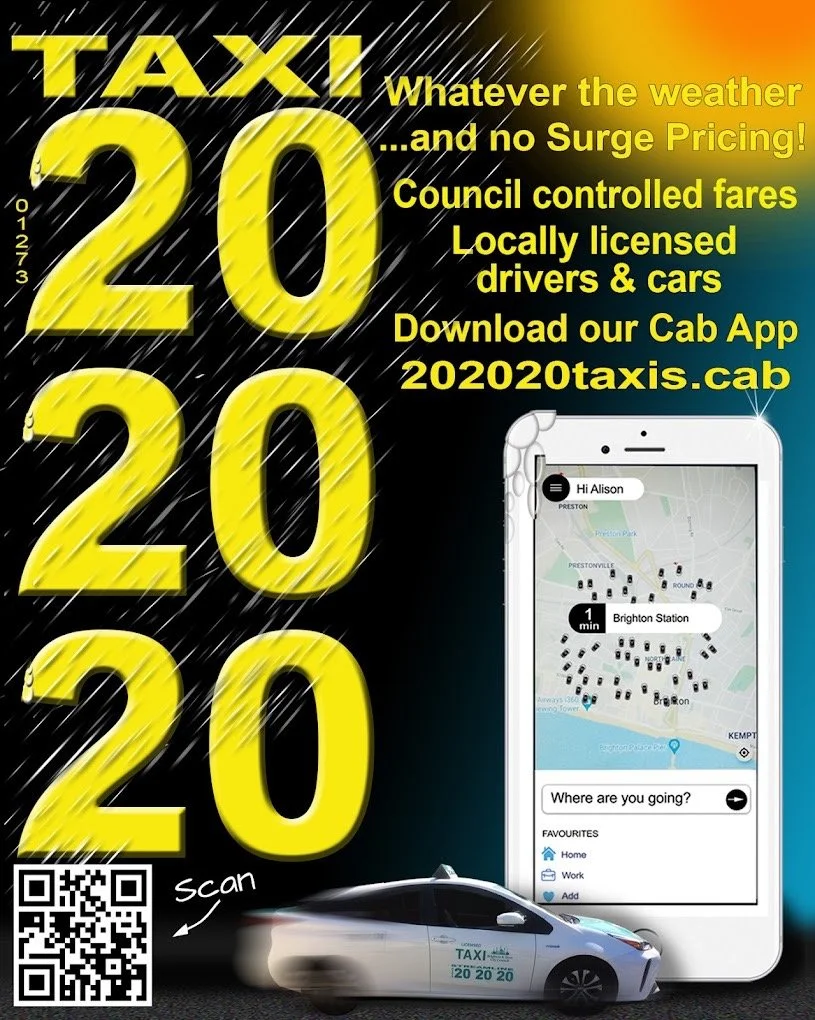 Streamline Taxis poster showing the app and no surge pricing message