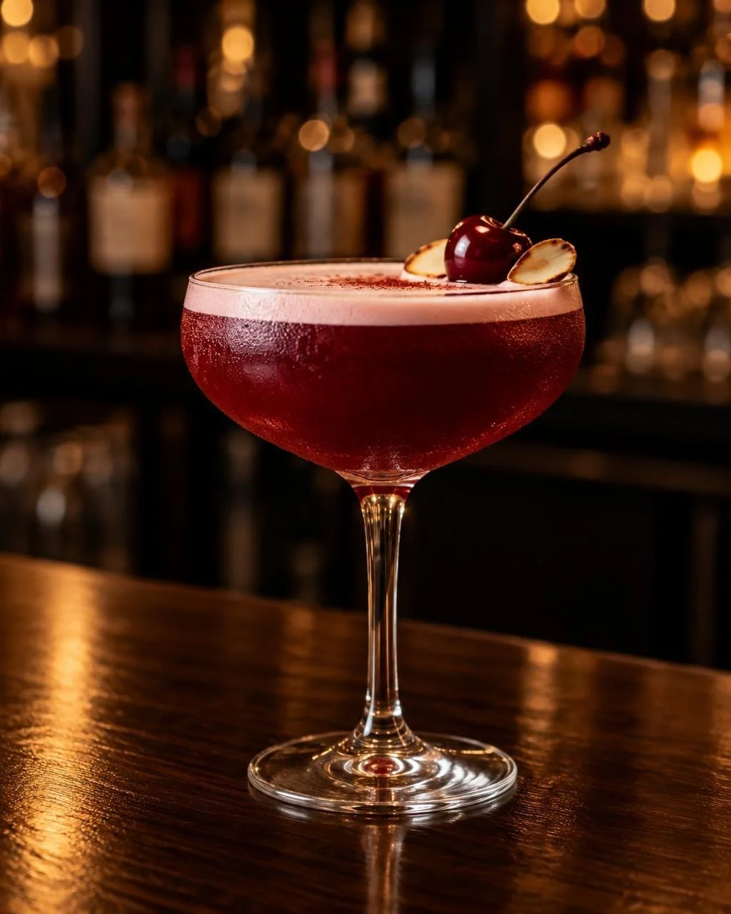 Cherry Queerwell cocktail at The Birdcage Brighton in a coupe glass with a cherry and toasted almond garnish