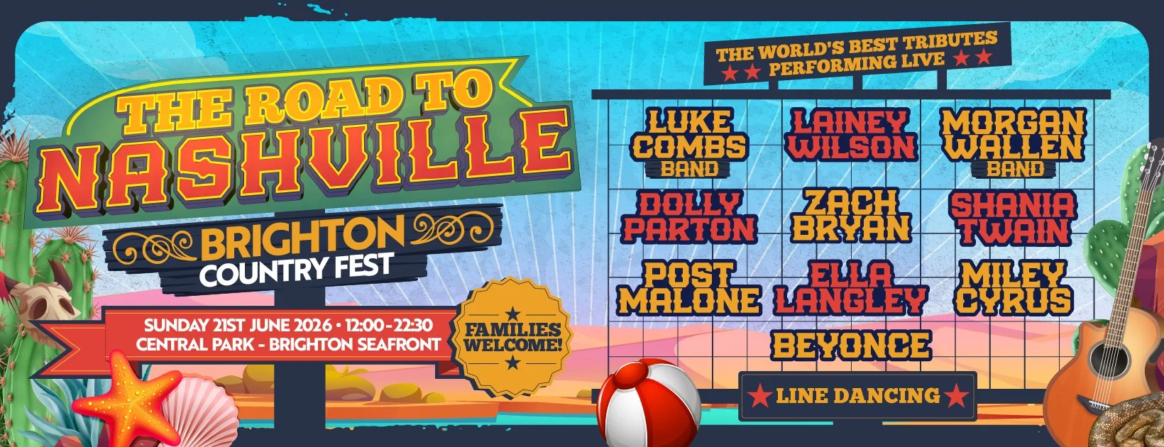 The Road to Nashville Brighton Country Fest lineup including Luke Combs, Lainey Wilson, Morgan Wallen, Dolly Parton and Beyonce tributes