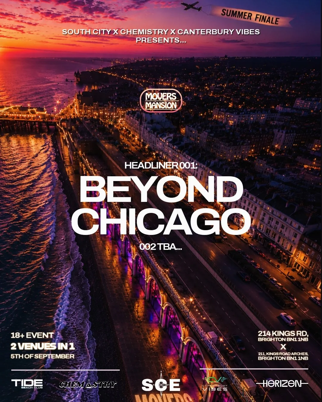 Movers Mansion Summer Finale poster for South City Events, Chemistry and Canterbury Vibes, headliner 001 Beyond Chicago at Tide and Horizon Brighton on 5 September