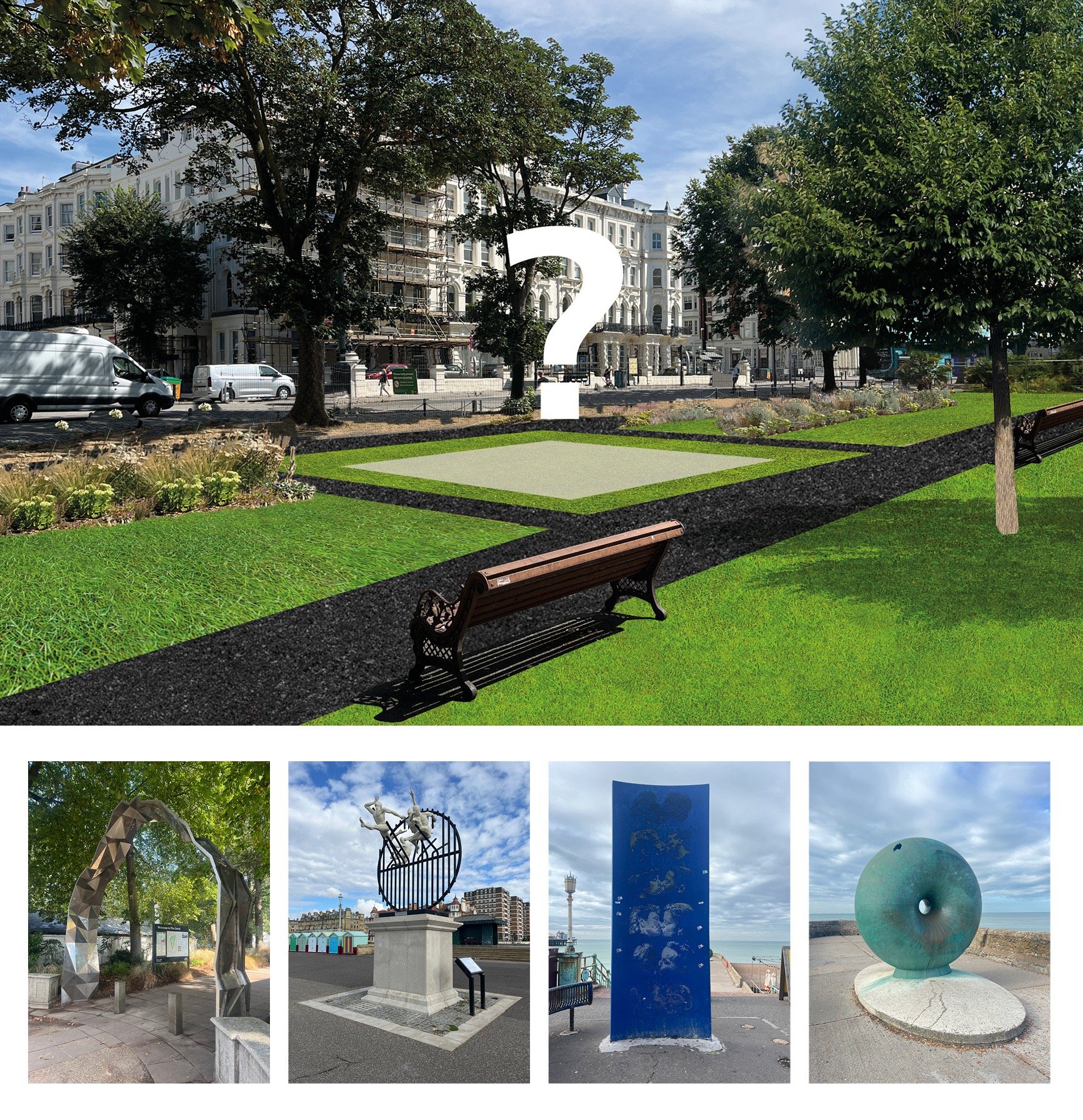 Palmeira Square with question mark and four examples of community public art installations in Brighton