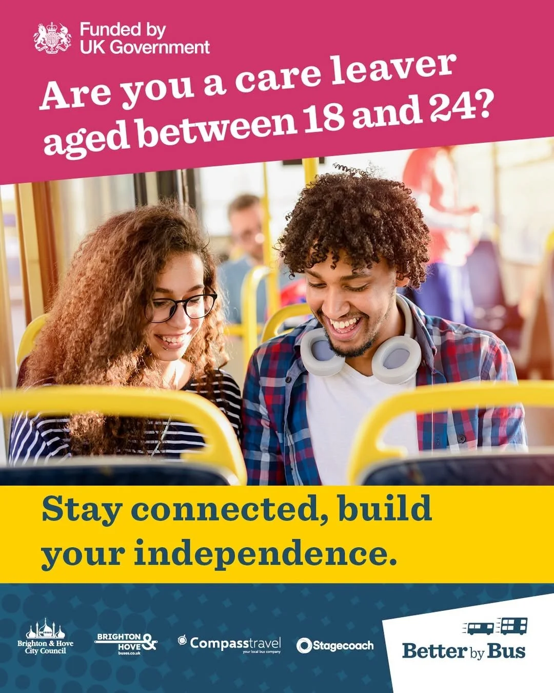 Brighton and Hove City Council campaign graphic asking are you a care leaver aged between 18 and 24, promoting free bus travel