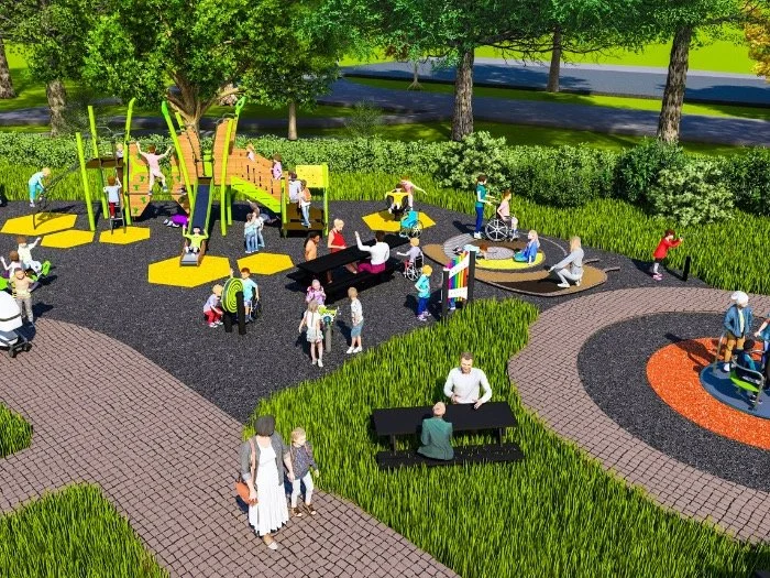 3D render of the new inclusive adventure playground at The Level Brighton, with families playing across climbing frames, roundabouts and sensory equipment on winding paths