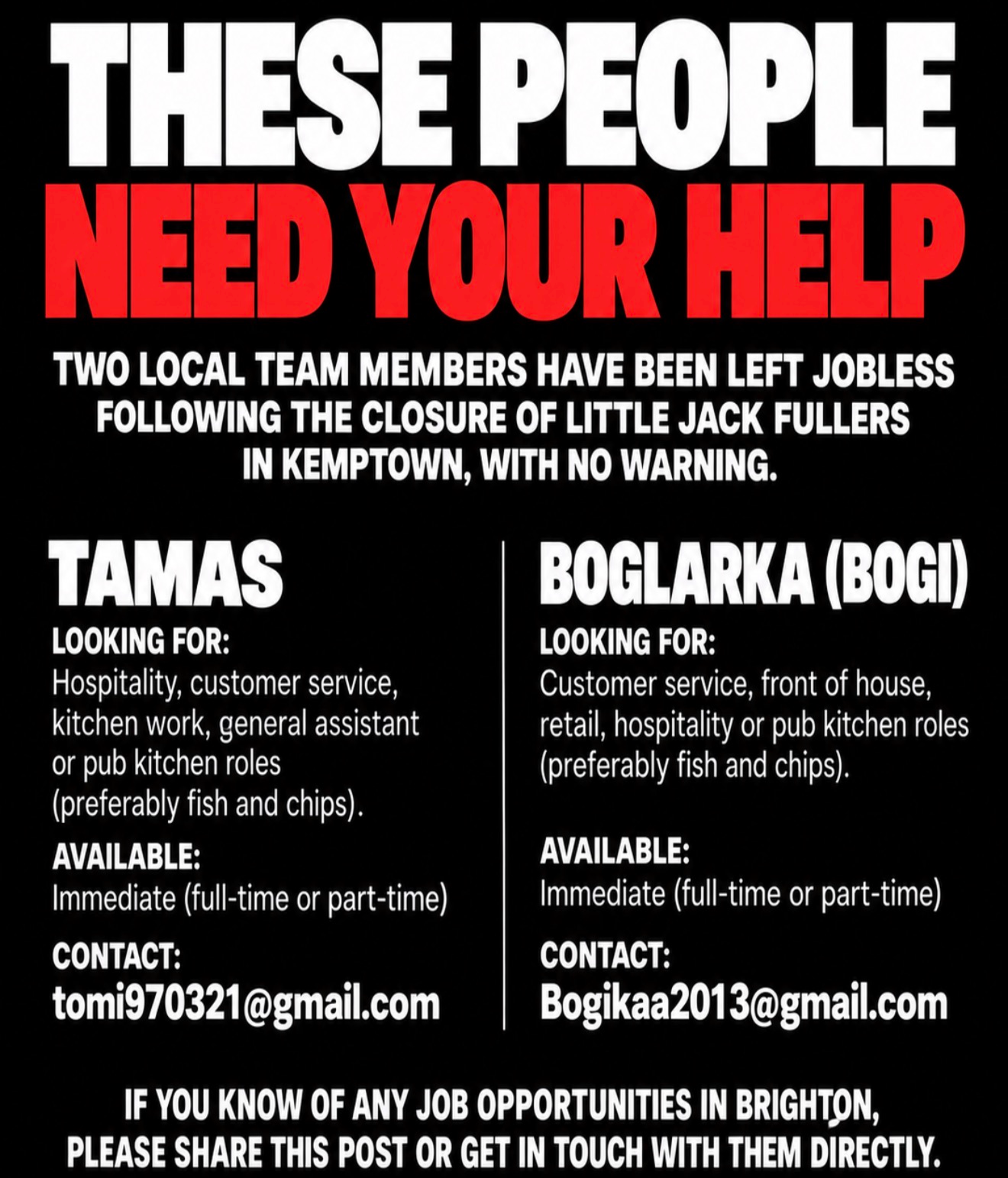 Job seeking graphic for Tamas and Boglarka created by ImJustBrighton showing both are available immediately for hospitality and kitchen roles in Brighton