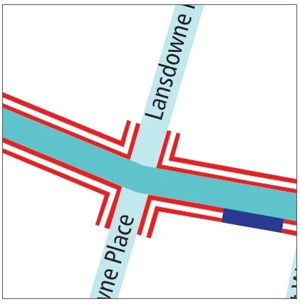 Council diagram showing red route lines extending into the Lansdowne Place junction to protect a pedestrian crossing