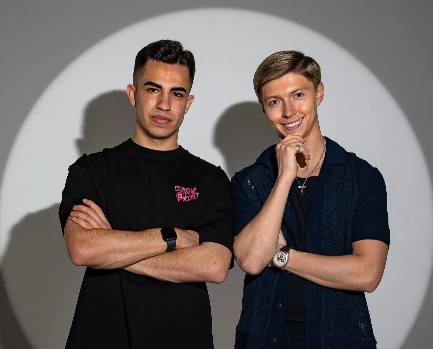 Tech house duo Beyond Chicago, Will Marriott and Louis Smyth, headliner 001 for Movers Mansion, photographed against a spotlit backdrop