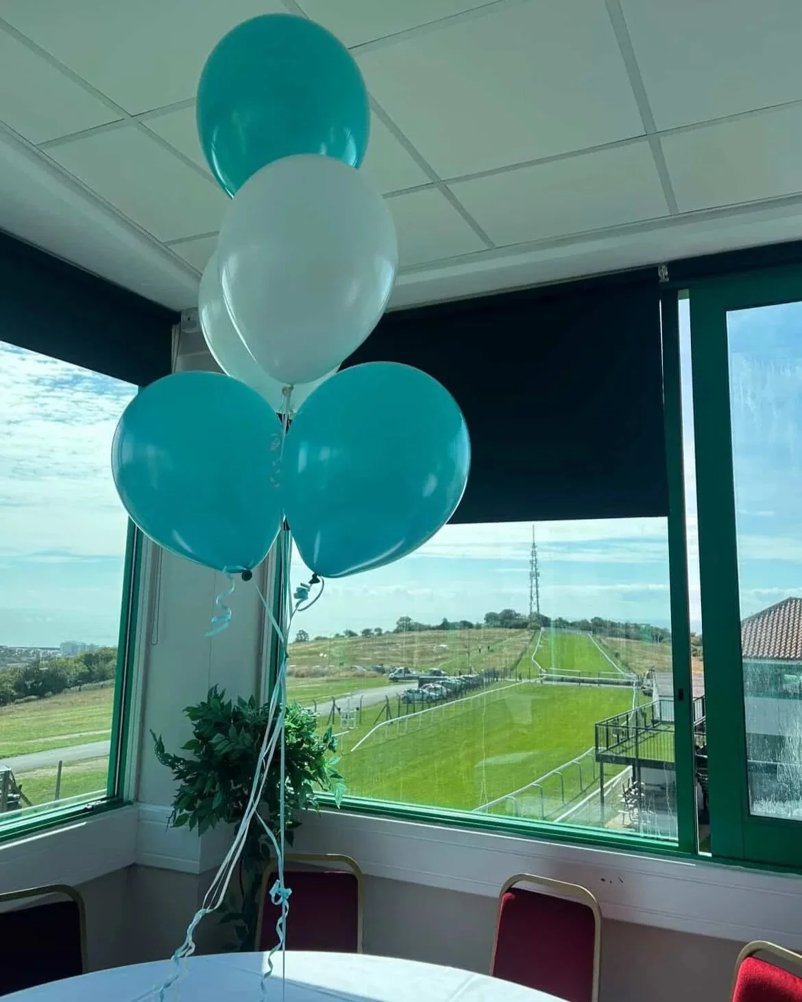 Teal and white balloons overlooking Brighton Racecourse track during Streamline Taxis' Martlets Hospice evening