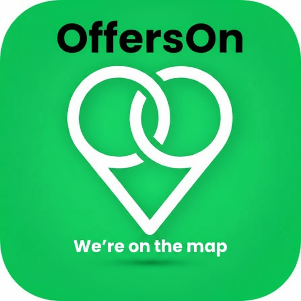 The green OffersOn logo with the words We're on the map, the Brighton real-time local offers app