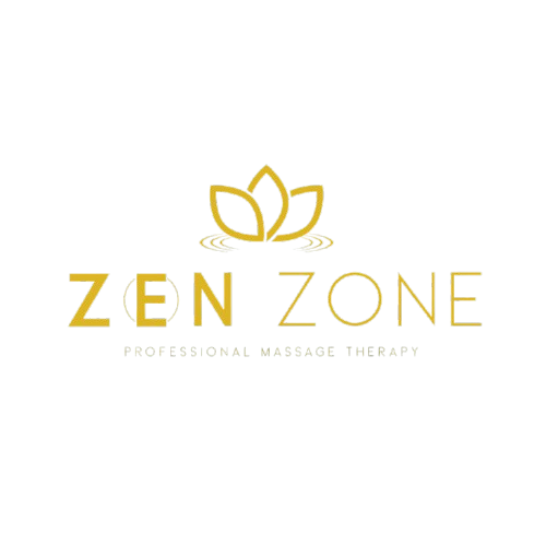 Logo for Zen Zone Professional Massage Therapy with a stylized gold lotus flower on a black background.