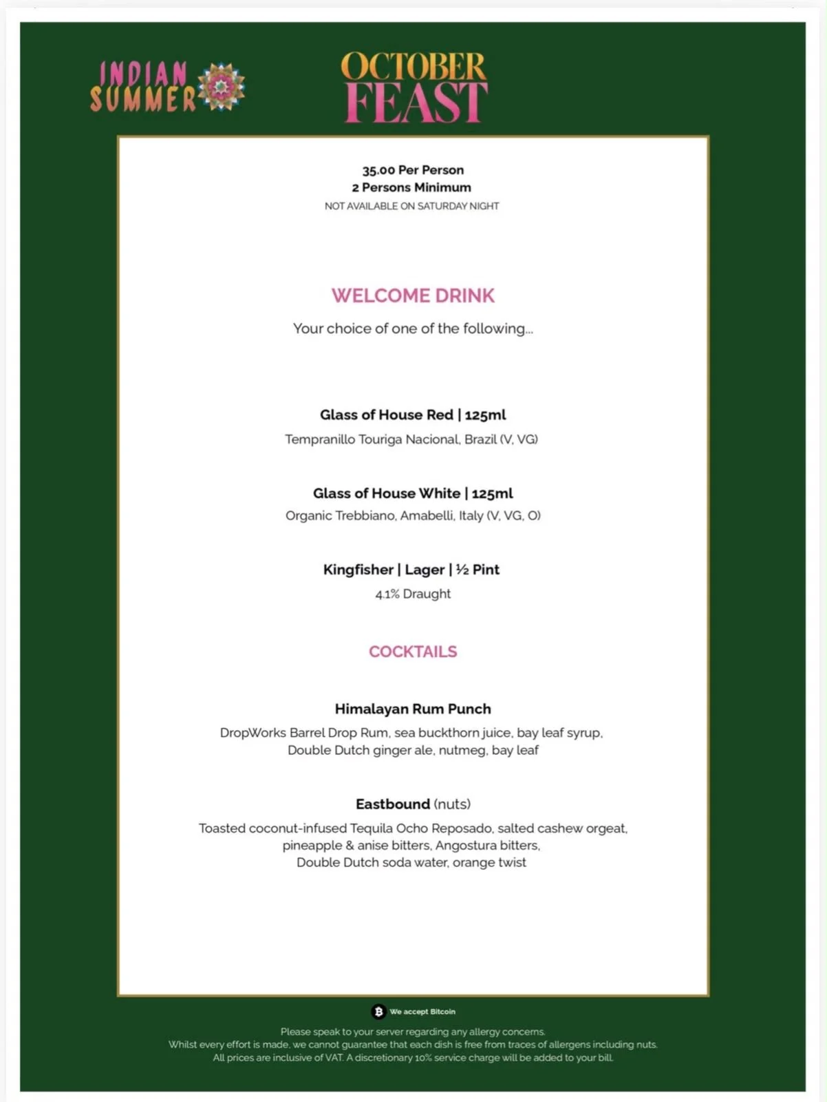 Indian Summer October Feast menu page listing the welcome drink choices and the Himalayan Rum Punch and Eastbound cocktails