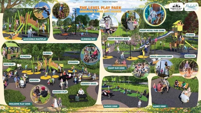 Full design board for the new £300,000 adventure playground at The Level in Brighton, showing accessible multiplay, climbing nets, giant tube slide, Ninja Warrior ramp, swings and games zones