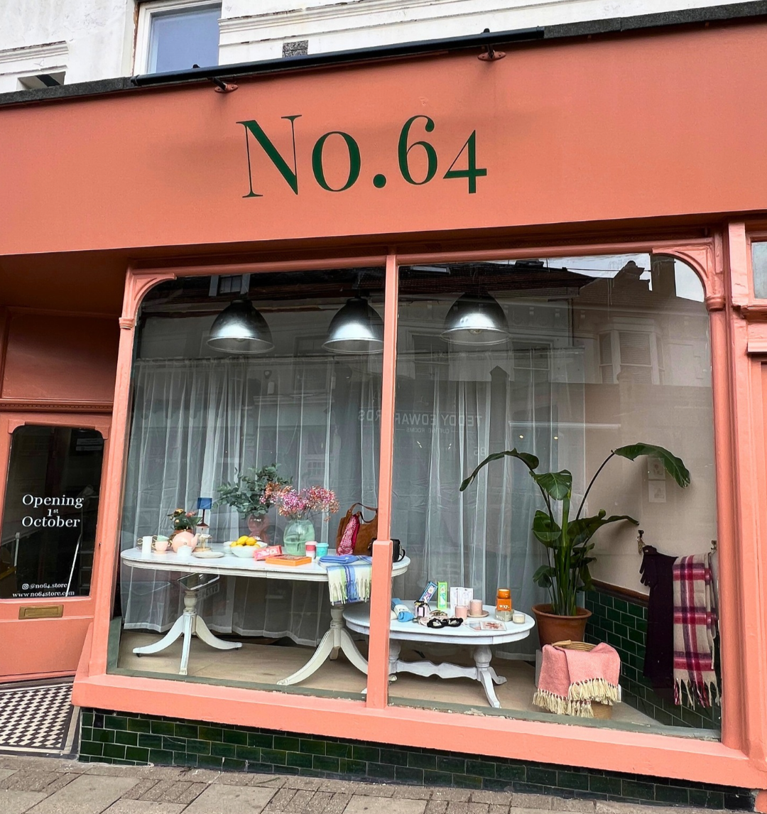 No.64 shopfront on Dyke Road, Seven Dials Brighton, with salmon terracotta facade and window display ahead of the 1 October 2026 opening