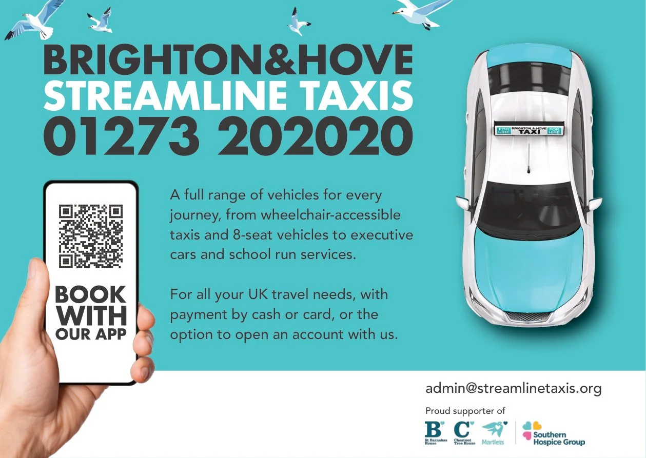 Brighton and Hove Streamline Taxis postcard showing the 01273 202020 number, a book with our app QR code and a Streamline taxi