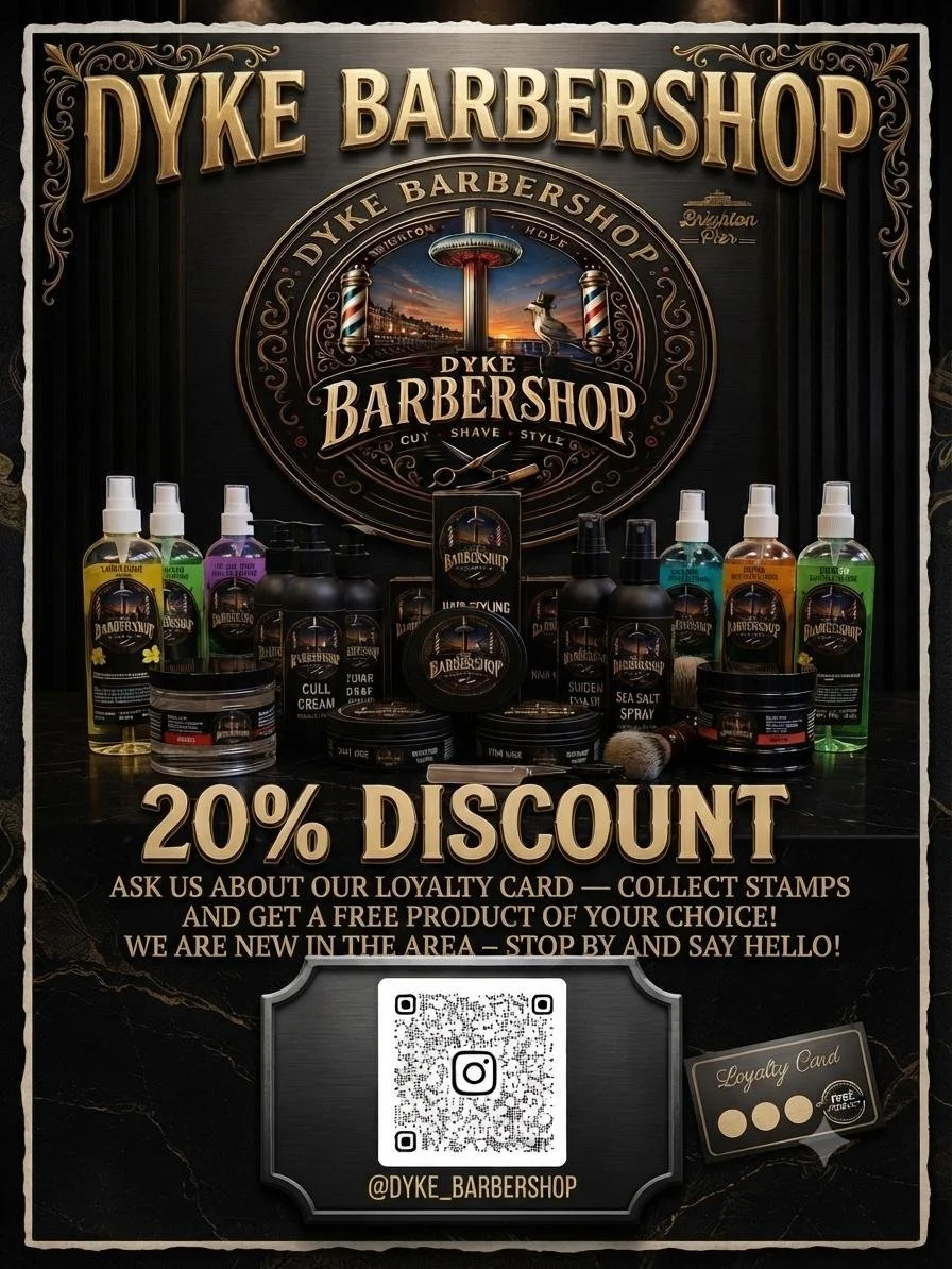 Dyke Barbershop 20 percent discount and loyalty card offer with Instagram QR code for the new Brighton shop