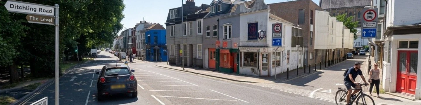 Ditchling Road in Brighton with a signpost to The Level, a parked car and a cyclist passing shops