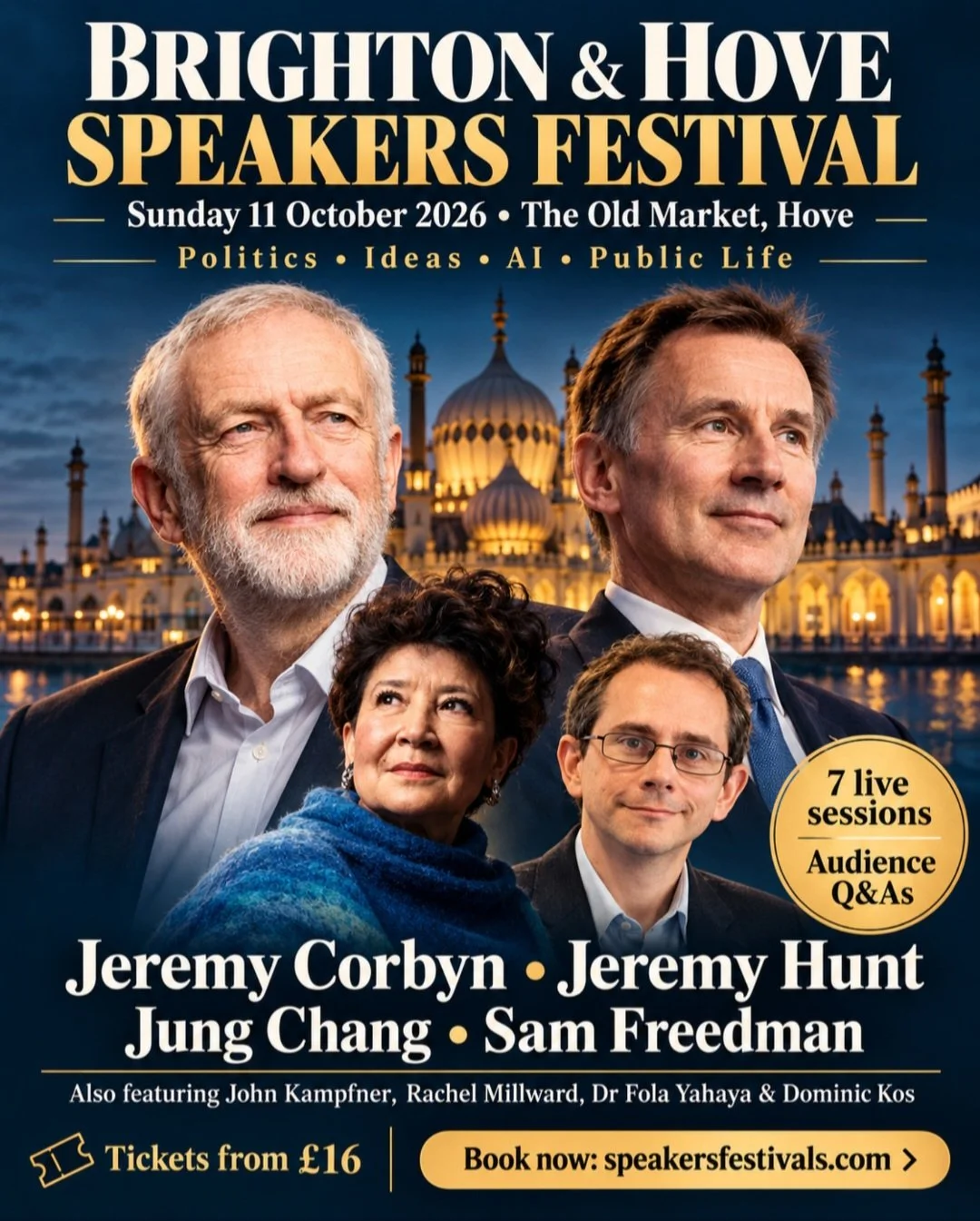 Brighton & Hove Speakers Festival poster for Sunday 11 October 2026 at The Old Market Hove listing Jeremy Corbyn, Jeremy Hunt, Jung Chang and Sam Freedman
