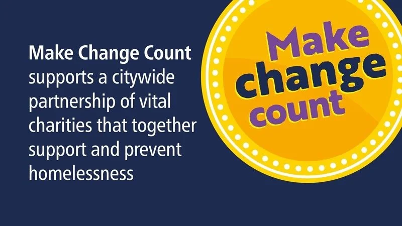 Make Change Count 2026 campaign graphic, navy background with the campaign logo and text reading "supports a citywide partnership of vital charities that together support and prevent homelessness"