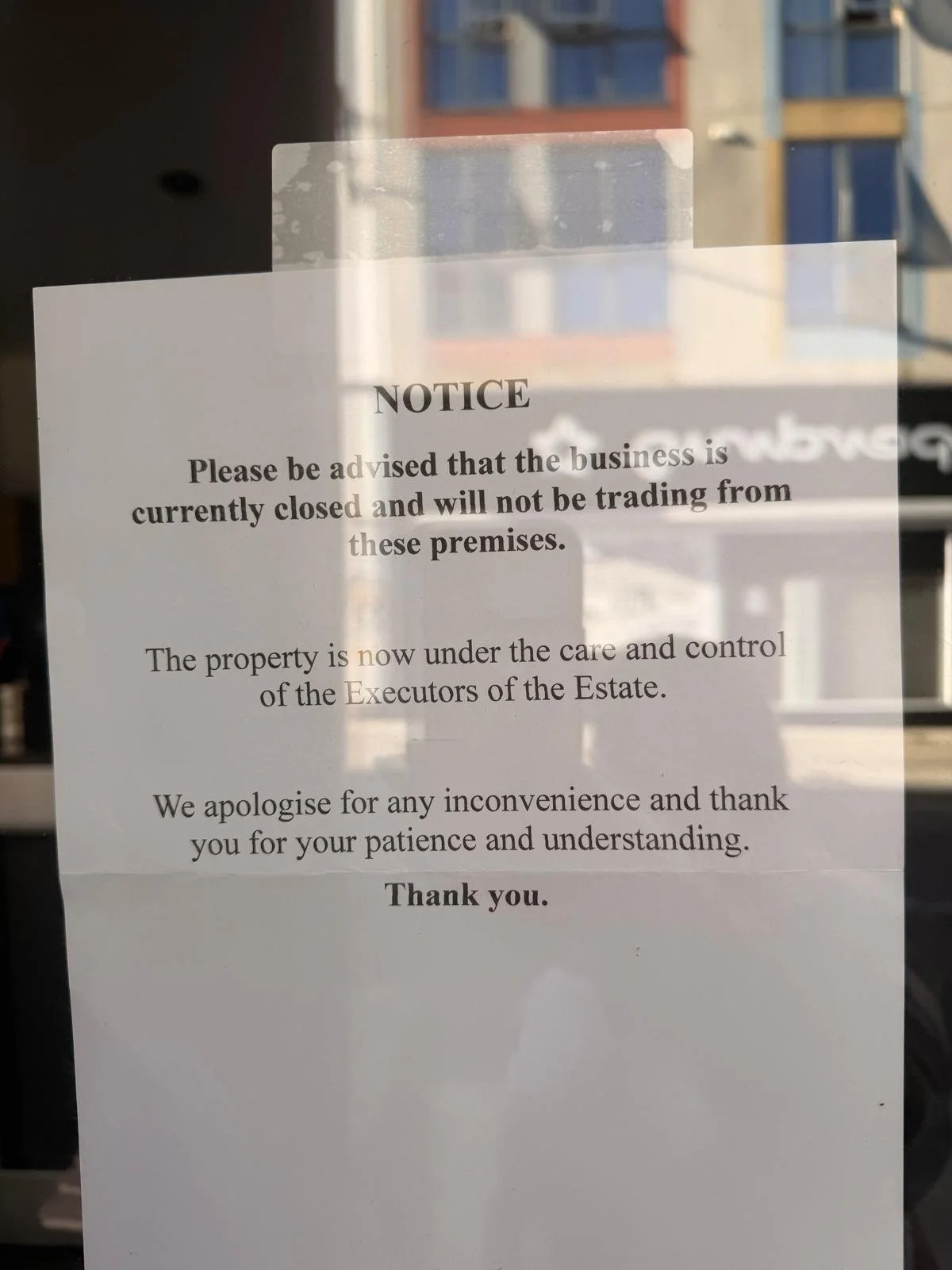 Closure notice on the door of Little Jack Fuller's at 102 St James's Street Kemptown stating the property is under the care and control of the Executors of the Estate
