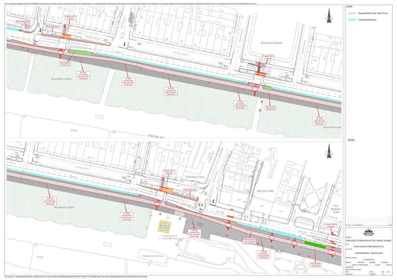 Technical drawing of the A259 scheme from Brunswick Lawns to Bedford Square, showing the 4m cycle track, parallel puffin crossings and rain gardens